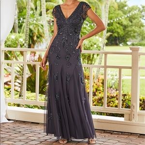 NWT Adrianna Papell gunmetal beaded gown